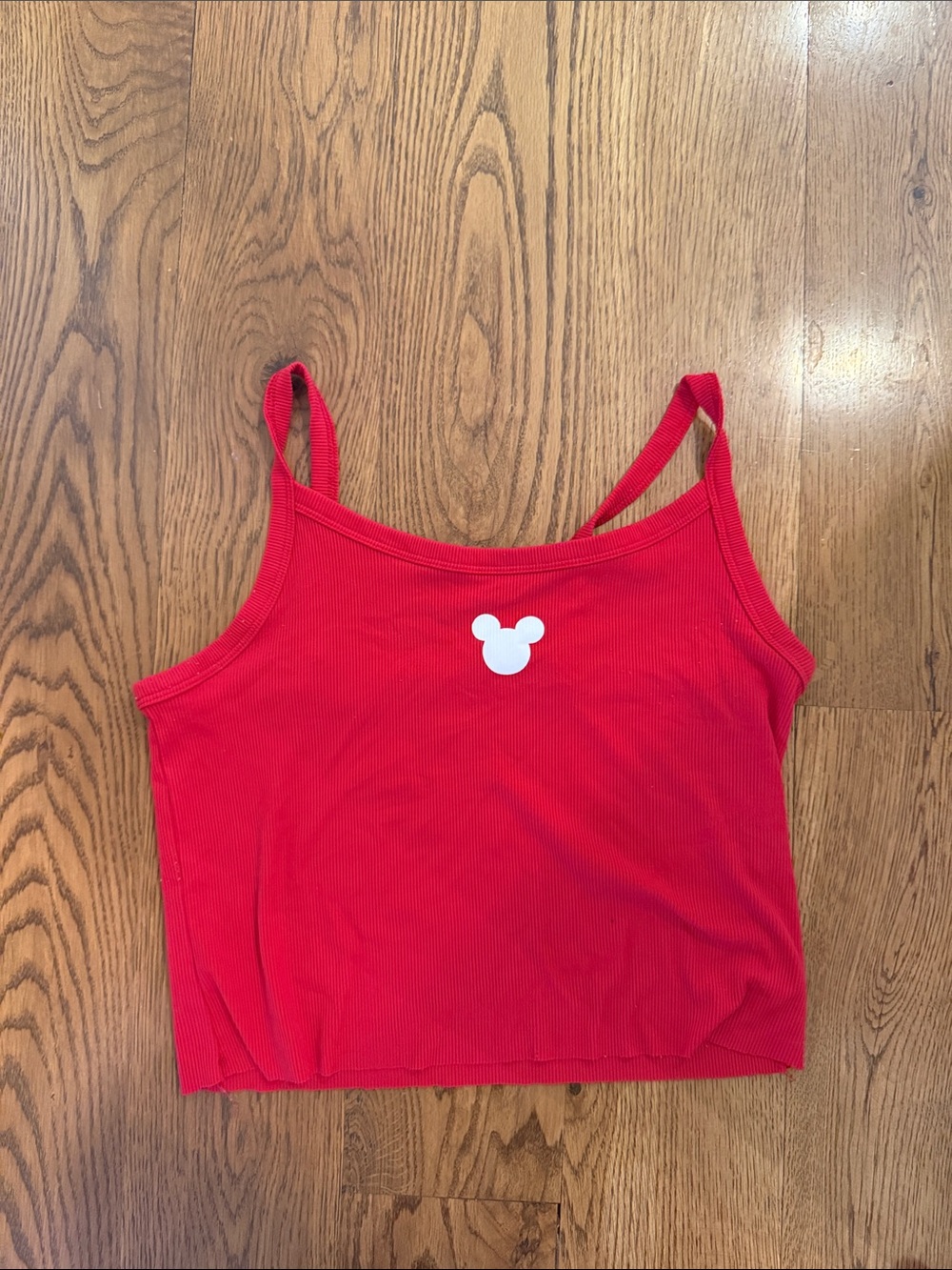 Red Ribbed Cropped Tank with White Mickey Icon